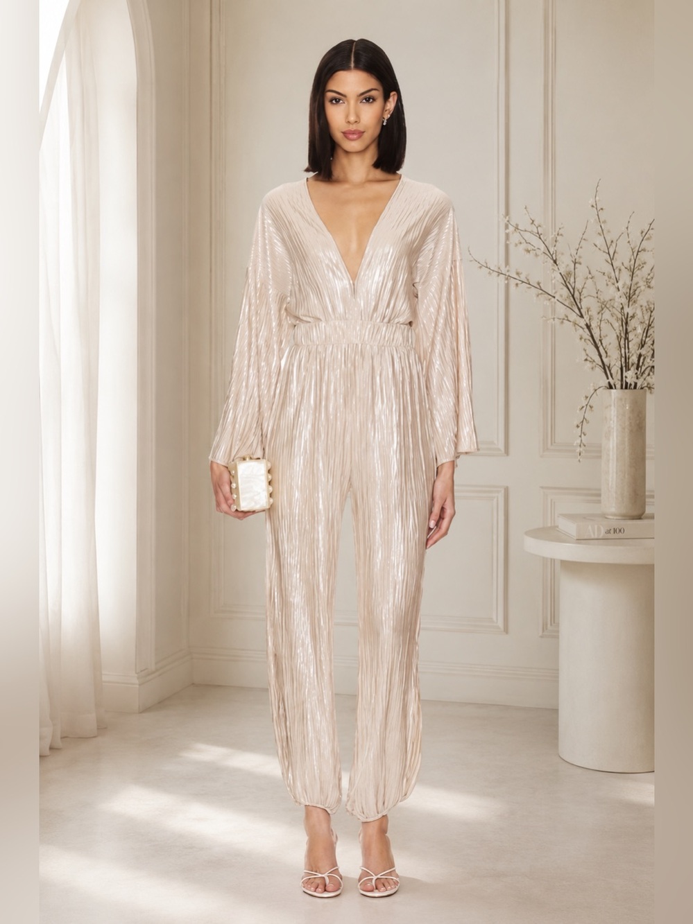 MISA Los Angeles Amina Metallic Plissé Jumpsuit Ivory – Size XS | Retail $370